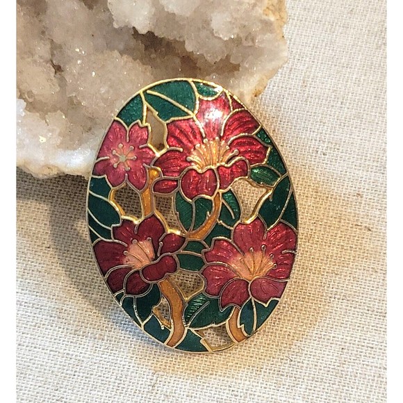Vintage Oval Red Green Rose Hibiscus Flowers Cloisonne Enamel Gold Tone Brooch - Picture 1 of 5